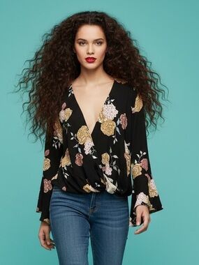 Lovestitch Floral Wrap Long Bell Sleeve Boho Blouse Size M